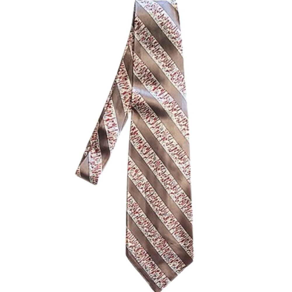 1950s Vintage Wide Rayon Striped Necktie Tie In Tan And White With Red Designs